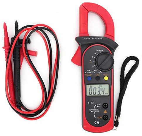 Digitale Strommesszange, ST201 Auto Range Stromzange Zangenmultimeter Strommessgerät Amperezange DC AC Strom Widerstand Kapazität Durchgang Temperatur Berührungslose Spannungserkennung Dioden Rot