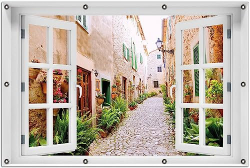 Wallario Outdoor-Poster für Garten oder Balkon Südländische Gasse mit Alten Häusern und grüner Oase, Motivbanner Größe: ca. 100 x 150 cm mit Fenster-Illusion
