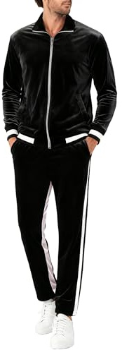 RPOVIG Velours-Trainingsanzug Sweatsuit Samt: Herren-Jogging-Trainingsanzug, 2-teiliges Set, Reißverschluss, Sweatshirts, Jacke, Hose mit Taschen, Schwarz, Large