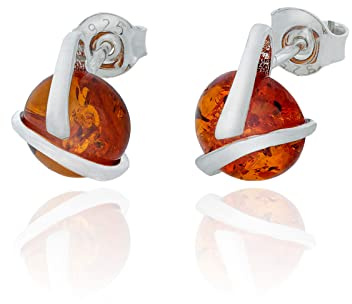 Pendientes de plata de ley 925 para mujer, ámbar báltico redondo, color coñac, para mujer, Plata de ley, Ámbar