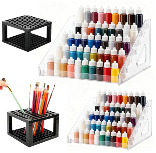 ToKinCen 2 Pcs 7-Layer Acrylic Clear Paint Organizer with 2 Pcs Brush Holder - Multi-Functional Art & Craft Storage Box, Miniature Model & Light Pigment Bottle Rack, Daily Storage Essential