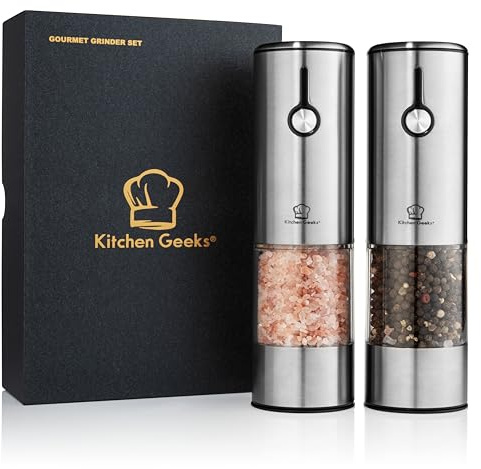 Kitchen Geeks Electric Grinder Set - USB Rechargeable Salt and Pepper Mill with Light, Easy to Refill, No Batteries Required, One Handed Automatic Grinding, Stainless Steel, and Adjustable Coarseness