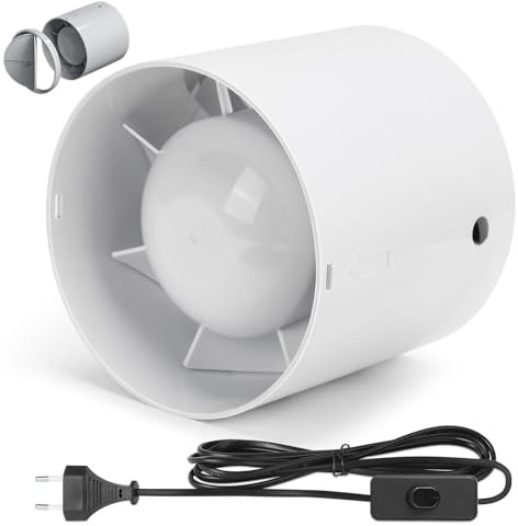 Kanal Rohrventilator, Inline-Abluftventilator 100 mm,130 m³/h,3M Kabel mit Schalterknopf, Leise Rauchabzug Rohrlüfter Kanalventilator Badlüfter Für Bad, WC, Küche, Gewächshaus, Zelt, Garage, Dachböden