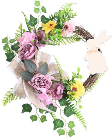 EXQUILEG Türkranz mit Ostereiern, handgemachter Osterkranz, Rattan Deko Kranz, Türkranz Frühling Ostern mit Hase und Blumen, Osterdeko (Beige Hase)