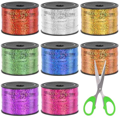Swpeet 9 Stück 0,5 cm breit x 91,4 m Metallic-Ringband mit Scheren-Set, 8 Farben, gekräuseltes Ringelband, Ballonband, Geschenkpapier für Geschenkverpackungen, Party, Festival, Kunstdekoration