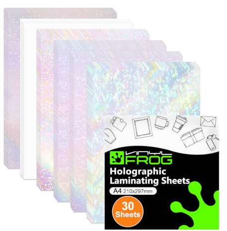 VINYL FROG Holographic Sticker Paper 30 Sheets Holographic Lamination Vinyl A4 Size Clear Overlay Film Waterproof Vinyl Sticker for DIY Crafts with 6 Styles