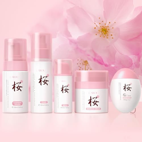 LAIKOU Sakura Skincare Set, Facial Routine Kit for Women Teenage Girls, Hydrating, Anti-Aging & Brightening, Gift Set - Cleansing Mousse, Toner, Serum, Cream, Sunscreen, 5pcs
