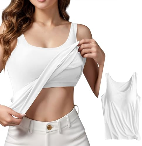 KONG JIMFAN Damen Unterhemd BH-Hemd Basic U-Ausschnitt Eingebauter BH Bügelloser Gepolstert Verstellbare Spaghettiträger Tank Tops mit Integriertem Bh Ohne Bügel Einfarbig Bequeme Hemd Fitting Yoga BH