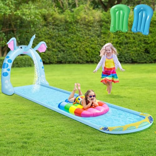 NMM Toboggan aquatique gonflable avec arroseur intégré, double toboggan aquatique avec 2 bodyboards, jouet aquatique pour enfants et adultes en plein air