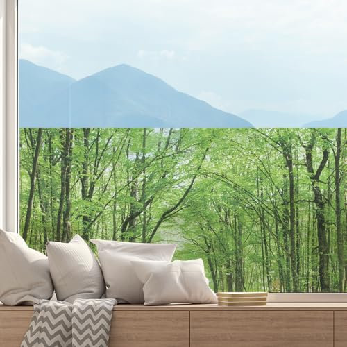 dktie Fensterfolie Sichtschutz Statisch haftend Milchglasfolie für Glasfenster Undurchsichtig UV-Schutzfolie Abnehmbare Folie ohne Klebstoff Fensterfolie mit Waldmuster 44,5 x 200 cm