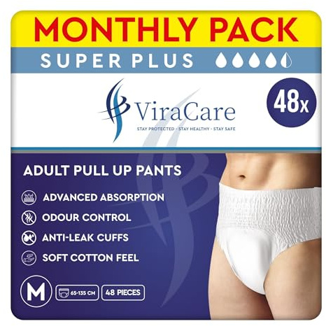 48 x Super Plus Incontinence Pants Women & Men | Adults Nappies | Advanced Absorption and Soft-Stretch Waistband | Adults Pull Up Pants | Waist Size Medium 65-135 cm | (4 Packs of 12)
