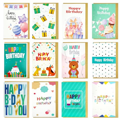 TRUEIN Set med 12 födelsedagskort, Happy Birthday-kort med 12 stycken kraftpapperskuvert, högkvalitativa gratulationskort inklusive naturkuvert, gratulationskort för män och kvinnor