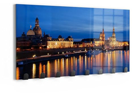 DEQORI Wandgarderobe Glas & Metall | Motiv Dresdner Abendglanz | 60x30 cm | Design Haken-Leiste modern | Garderoben-Paneel für Flur, Wohnzimmer & Schlafzimmer | magnetisch & beschreibbar
