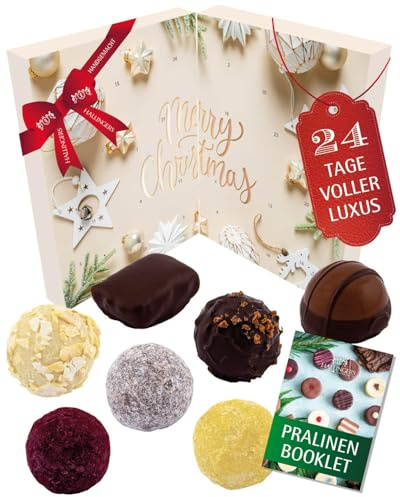Hallingers Genuss Manufaktur Vegane Pralinen Adventskalender - mit & ohne Alkohol, handmade aus Confiserie-Edelkakao in wertigem Softfeel-Karton White Christmas, Weihnachtskalender für Frauen Männer