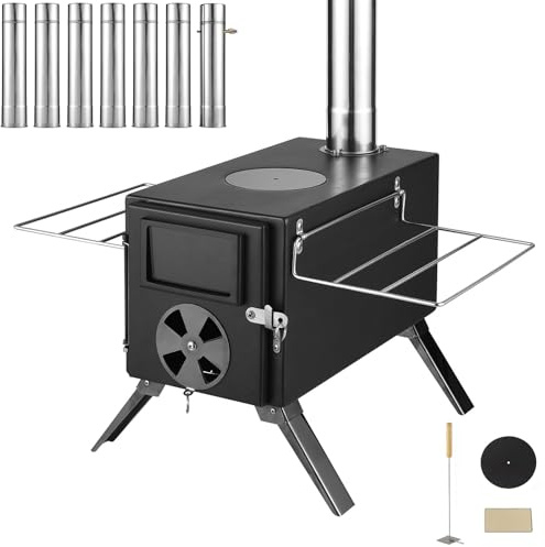 TAIMIKO Portable Wood Burning Camping Stove, Black, Steel, Camping Stove, 6.5kg, 10,000 - 20,000 BTU, Direct Vent, High Efficiency, Freestanding