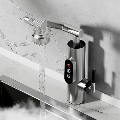 Yalsfowe Elektrischer Wasserhahn mit Durchlauferhitzer, 1080 ° drehbarer Durchlauferhitzer Armatur mit Digitalanzeige Edelstahl, 3300W elektrischer Wasserhahn für Küche und Bad