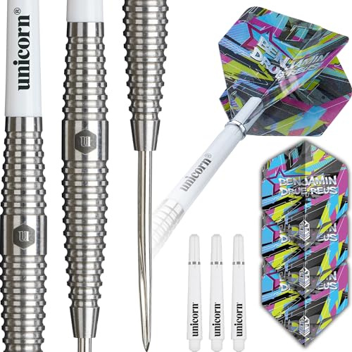 Unicorn Darts Set Contender | Benjamin 'The Flying Star' Drue Reus | 80 % naturliga volframtunnor med intrikat bearbetade greppringar | hållbara Ultraflyga flygningar | stålspets spänningspunkter | 24
