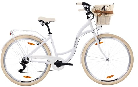 Goetze Mood Damen Fahrrad, City Bike 26/28 Zoll, 6/7-Gang mit Korb | Tiefeinstieg, Shimano-Antrieb, V-Brakes, LED-Beleuchtung, Reflektoren, komplett ausgestattet