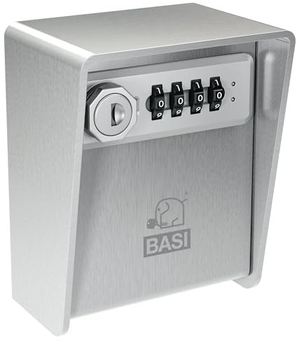 BASI | Schlüsselsafe mit Zahlenschloss und Notschlüsselfunktion | 3 mm starkes Edelstahl | 4-stelliger Zahlencode individuell einstellbar | Schlüsselbox für Innen- Außenbereich | Schlüsseltresor