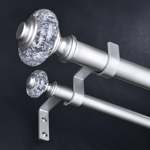 Wolistsa Silver Double Curtain Rods for Windows 36 to 72 Inch, 1 Inch Adjustable Decorative Crystal Dual Curtain Rod, Heavy Duty Vintage Double Drapery Pole with Silver Foil Finials for Living Room