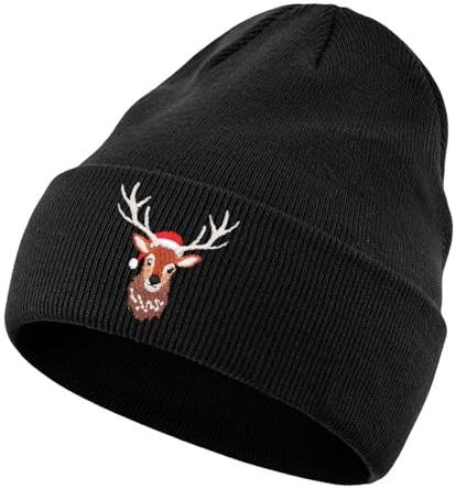 HYZMSZA Weihnachten Strickmütze mit Rentier Stickmuster, Winter Mütze Weihnachtsmützen Plüsch Unisex, Warm Lustige Mütze für Männer Frauen, Weihnachts Geschenke