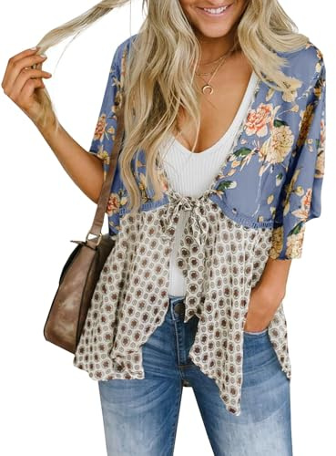 Saodimallsu Womens Tie Front Kimono Cardigans Floral Lightweight Ruffle 3/4 Sleeve Boho Flowy Beach Cover Ups