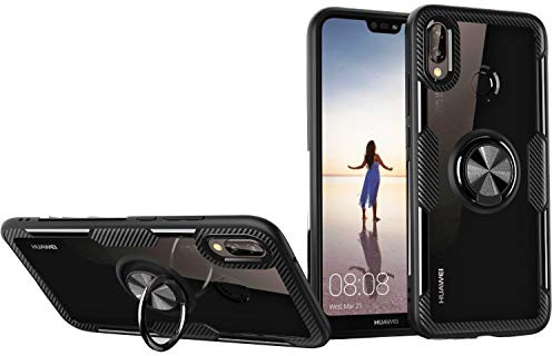 SORAKA Hülle für Huawei P20 Lite mit 360 Grad drehbarem Ringständer Harter PC transparenter Abdeckung+Silikon Rahmen durchsichtige hülle mit Metallplatte für Handyhalterung Auto KFZ Magnet