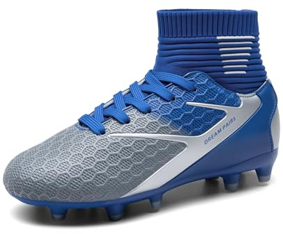 DREAM PAIRS Boys' Football Boots Kids Girls Turf High Top Spikes Non-Slip Junior Soccer Shoes Outdoor Sneakers for Unisex,Size 2 Big Kid,Blue/White/Grey,HZ19002K