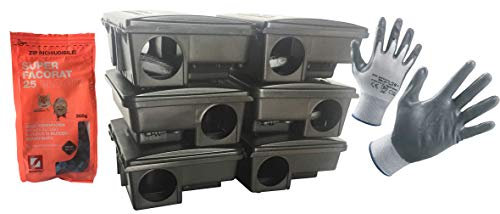 Montidistribuzione 6 Contenitori Neri per Esche Velenose Stazioni di Sicurezza HACCP. Distributori Erogatori per Ratti e Topi Grandi. Omaggio Guanti + gr 300 di Esca Super 25 Blocks