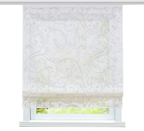 ESLIR Raffrollo Klettband Wohnzimmer Raffgardine Ausbrenner Weiß 140x140 | GardinenKüche,VorhängeTransparent,Bändchenrollo Modern,Fensterrollo innen,1Stück,mit Klettschiene,Voile,Landhaus