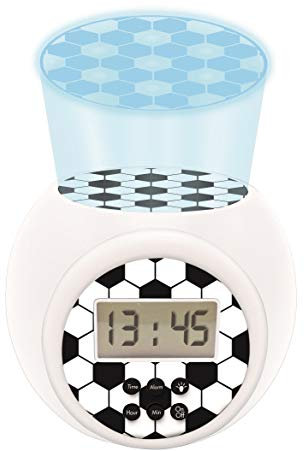 LEXIBOOK, Fútbol, Reloj Despertador con proyector, función de repetición y Alarma, luz Nocturna con Temporizador, Pantalla LCD, Funcionamiento a Pilas, Blanco/Negro, RL977FO