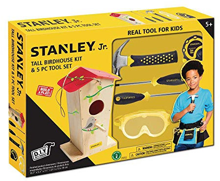Stanley Jr. Vogelhaus- Bausatz & 5-teiliger Werkzeugsatz - Ideal für Kinder, die gleichzeitig Bauen und entdecken Lernen - gemeinsam EIN schönes Vogelhaus Bauen, ab 5 Jahren.