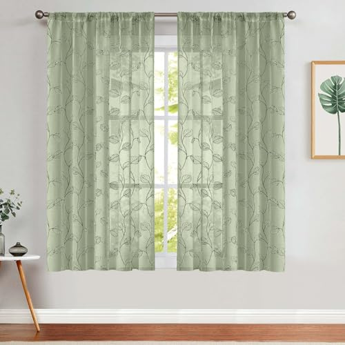 TOPICK Sheer - Tenda in voile, con foglie, ricamata, trasparente, verde, foglie, per soggiorno, camera da letto, 140 x 145 cm, set da 2 pezzi