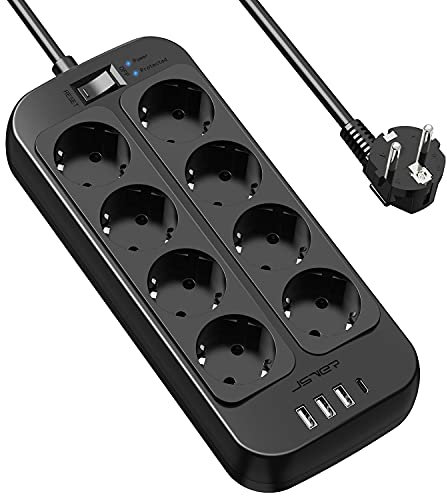 JSVER Multiprise 8 Prises avec 1 Port USB C,3 Port USB A (5V3,4A/17W) Parasurtenseur Parafoudre et Surtension avec Interrupteur Cordon 2m pour Smartphone Tablette- Noir