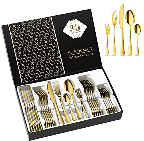 Aoeeppa Couverts de Table, Set de Couverts en Acier Inoxydable, Ménagères de 30 Pièces pour 6 Personnes, Comprend Couteau, Fourchette, Cuillère, Cuillère à Café, Fini Miroir, Va Au Lave-Vaisselle (or)