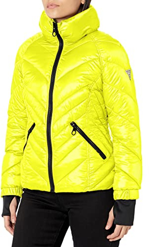 GUESS womens Belted Softshell-jacket With Hood Transitional Jacket, Highlighter, Medium US
