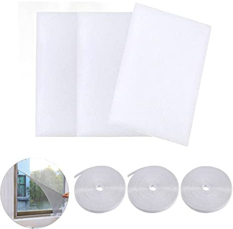 3pcs Mosquiteras Para Ventanas, 150 x 200cm Mosquitera Ventana, Ajustable Mosca Neta Ventana, Invisible Mosquitera Malla de Protección con 3 Rollos Autoadhesivos.Protección Anti Insectos Moscas(Blanco