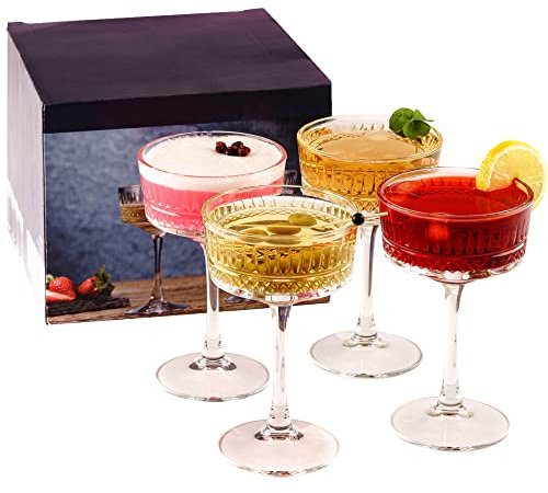 GOSOYO Juego de 4 Copas Vintage Coupé (8,8 oz/260 ml) de Champán, Vino, Martini, Copas de cóctel, Copa de Ginebra y Prosecco, Copas Champagne Cristal(4 Pack)