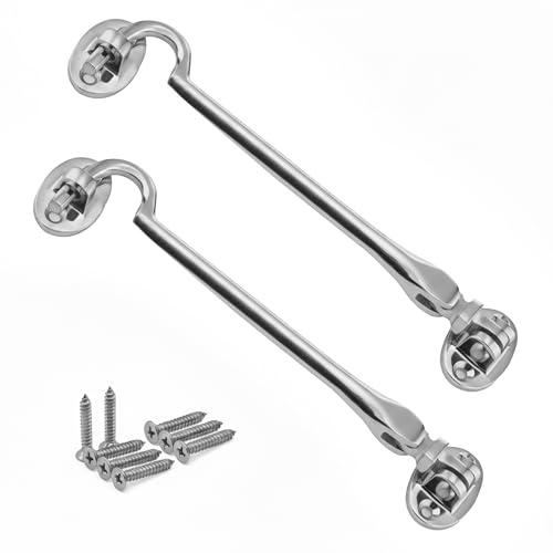 onesto Pack 2 CP Cabin Hook Silent Type 150mm – Chrome Plated Door Latch for Gates, Sheds, Windows & Cupboards – Smooth Quiet Operation with Fixings
