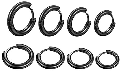 EUJEBEDA 4 Paar Creolen für Männer und Frauen, Edelstahl, Schwarz, 8-14 mm, Creolen, Ohrringe
