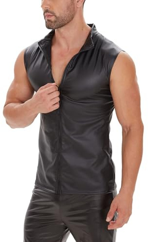 xokesy Men Sexy Leather Tank Top, Soft Matte, Plus Size, Male Shiny Vest, Black
