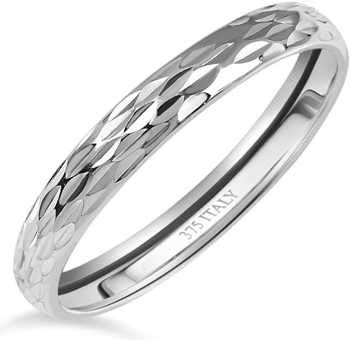 TJC 9K Gold Rings for Women Diamond Cut Wedding Band Ring 2mm, Solid White Gold Court Band Ring for Men & Women, Ladies Gold Rings, Stackable Gold Thumb Ring Minimalist Style Ring Size P