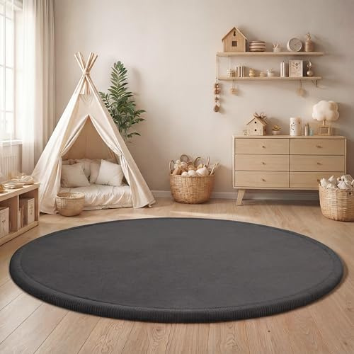 Paco Home Teppich Kinderzimmer Kinderteppich Baby Spielteppich Krabbeldecke Krabbelmatte Weich rutschfest Jungen Mädchen Deko, Grösse:120 cm Rund, Farbe:Anthrazit