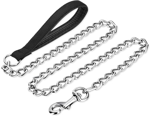 PETTOM Kettenleine Hund Metall 120cm mit gepolstertem Griff | Bissfeste Hundeleine aus Metall, für kleine bis große Hunde, robust & langlebig, ideal für Spaziergänge im Freien - 2 mm