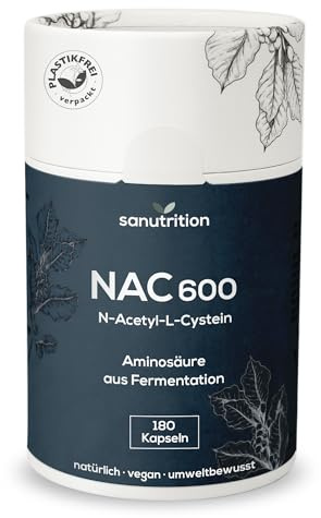 Sanutrition® - NAC 600 mg per capsula | 180 capsule | N-acetil L-cisteina 100% NATURALE da Mais | vegano | aminoacido da fermentazione