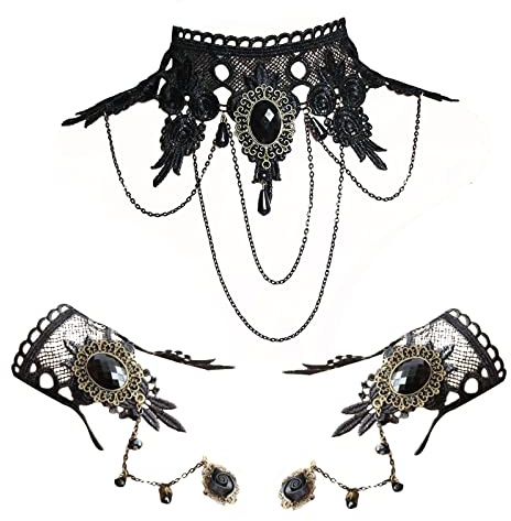 TSHAOUN 3 PCS Gotisch Choker Halskette Armbänder Schmuck,Schwarz Spitze Vampir Armband Lace Collier Kette Fingerlose Handschuhe,Steampunk Retro Zahnräder Slave Armband für Halloween Ostern