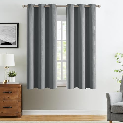 TOPICK Thermovorhang mit ösen, 2er Set 175H x 140B cm Verdunkelungsvorhänge Geometrisch Gemustert Vorhänge Blickdicht für Schlafzimmer Wohnzimmer, Blackout Gardinen Fenstervorhänge Grau