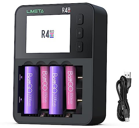 LIMETA Carica Batterie Ricaricabili AA e AAA 18650 Ni-mh Li-ion Caricabatterie Rapido per pile Ricaricabili, Caricabatterie Intelligente con Display Funzioni di Scarica Analisi e Rigenerazione (R4EVO)