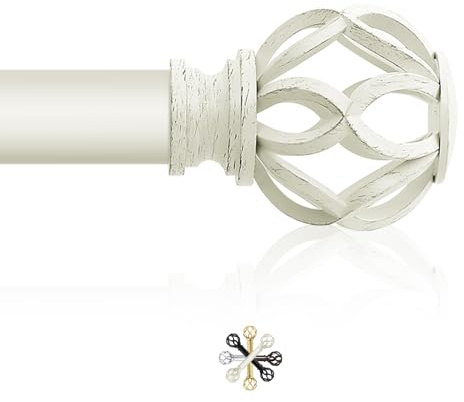 TVWOO White Decorative Farmhouse Curtain Rod:36-88Adjustable Heavy Duty Single Window Curtain Rod for Bedroom Living Room,Antique White Boho Rustic Drapery Rods with Vintage Twist Finial Easy Install