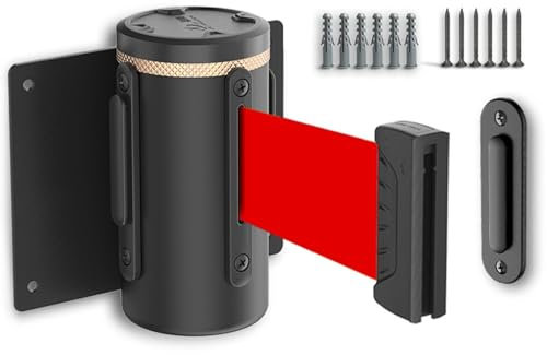 Rusopobe Absperrungen und Trennwände zur Massenkontrolle – Fester einziehbarer Warngurt zur Wandmontage für Einzelhandelsstadien – inklusive Wandbefestigungen(Black,2m/6.5ft)
